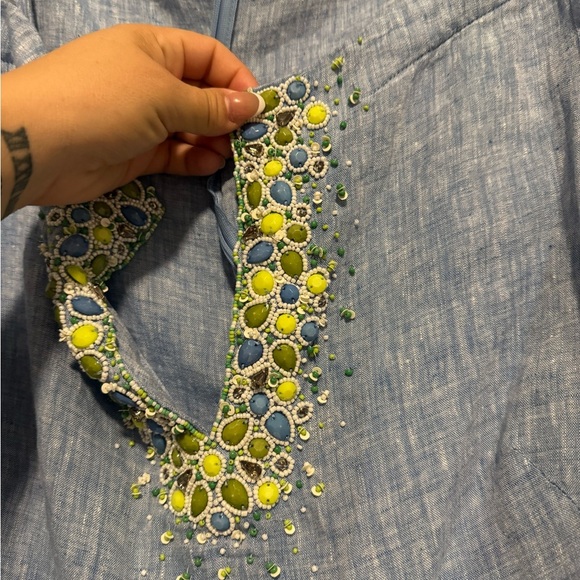 Lafayette 148 Beaded Linen Top Short  Sleeve Coastal V-neck Blouse Size 16 Blue - Picture 3 of 6